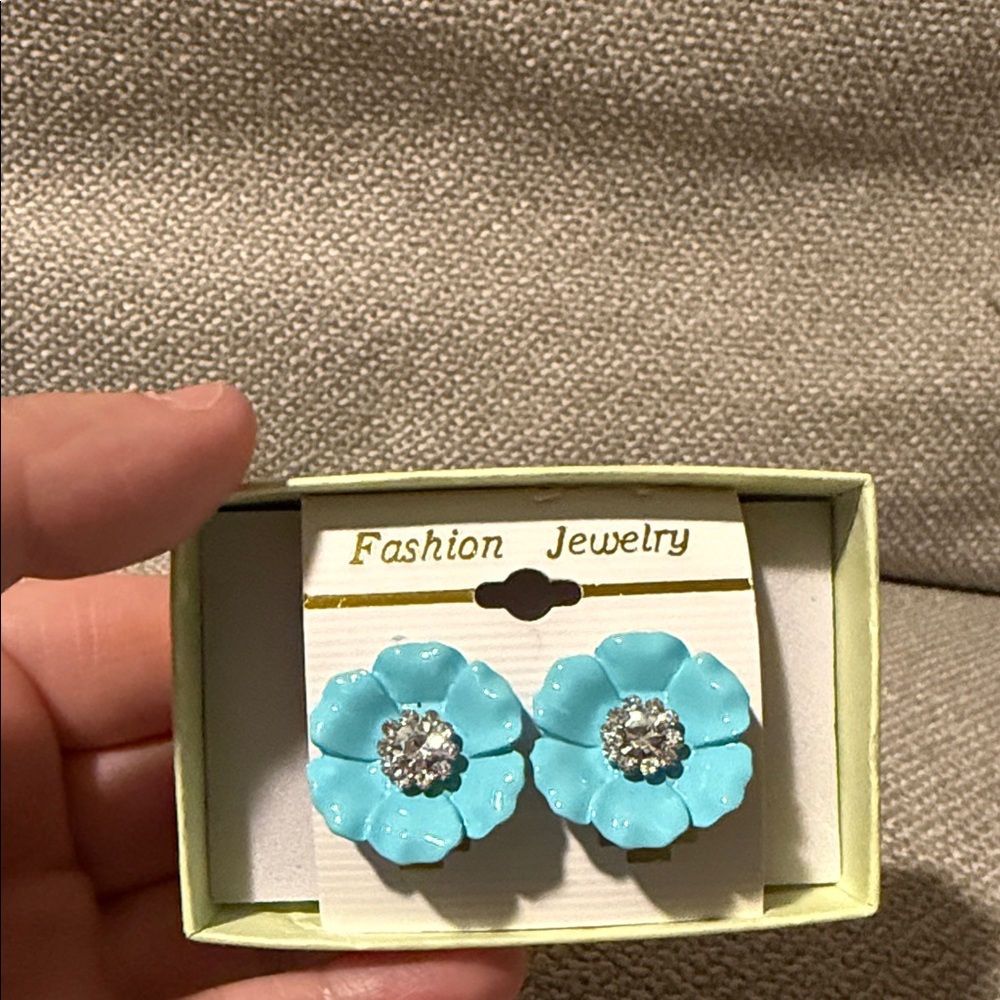 5/$25 Blue Flower Clip Earrings with Rhinestones